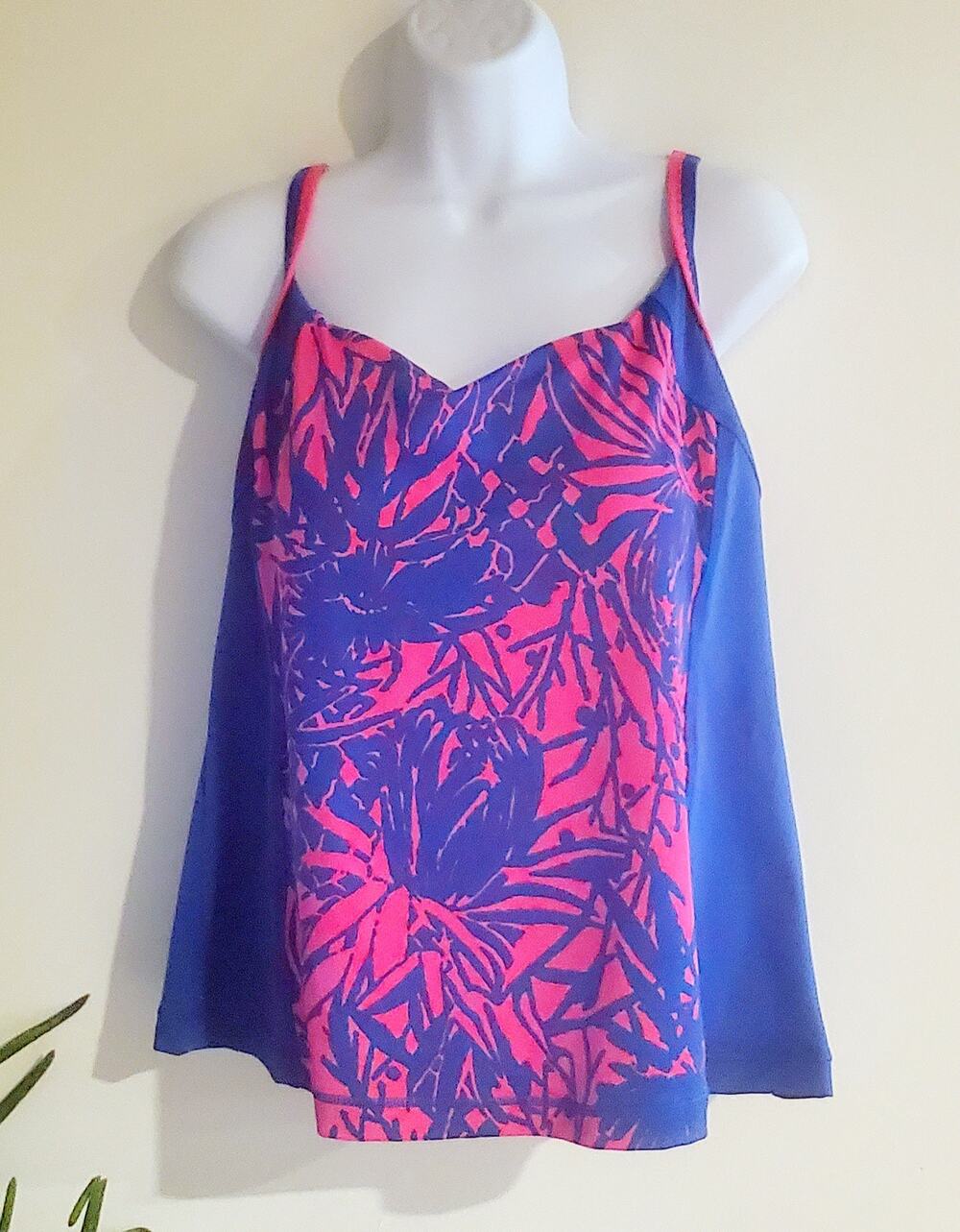 Lands End Women's Pink Blue Colorblock Tankini Top Size 18 Preppy Sporty Swim